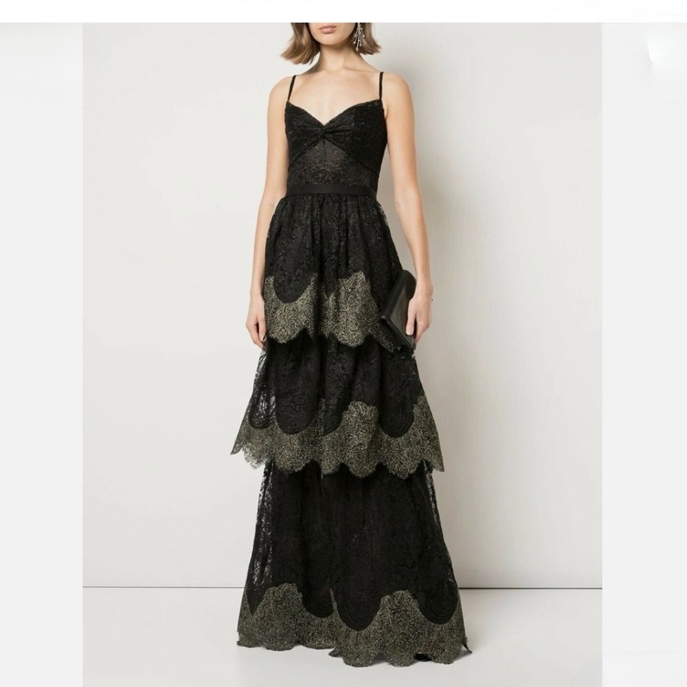 Marchesa Notte Womens Black Sleeveless Scalloped Lace Gown Dress Sz 4 Red Carpet